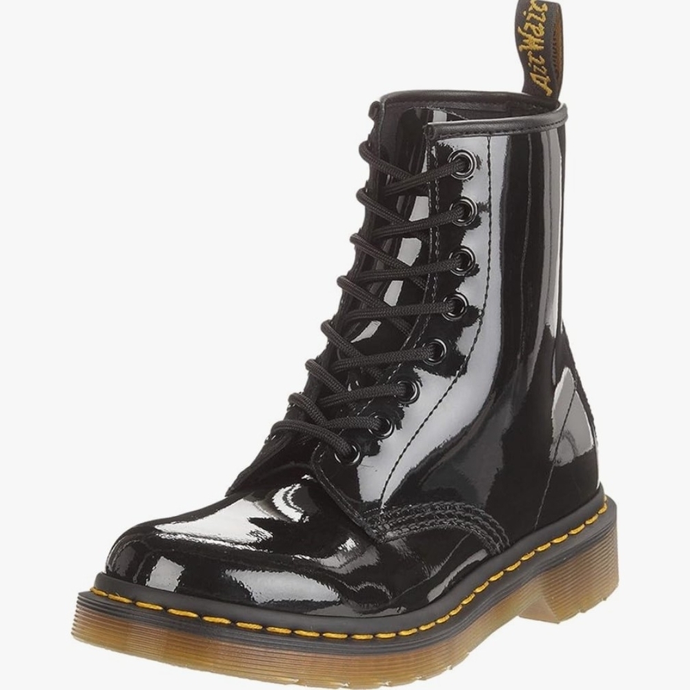 Dr. Martens Shiny Black Boots with Yellow Stitching